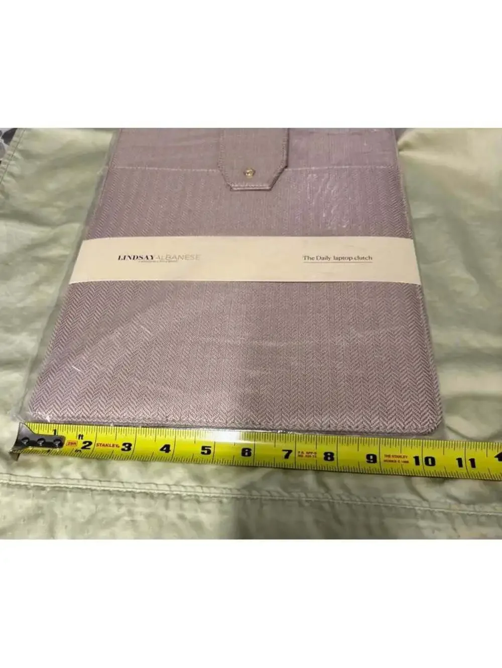 Lindsay Albanese New Tan Herringbone Laptop Clutch with Snap Tab Closure